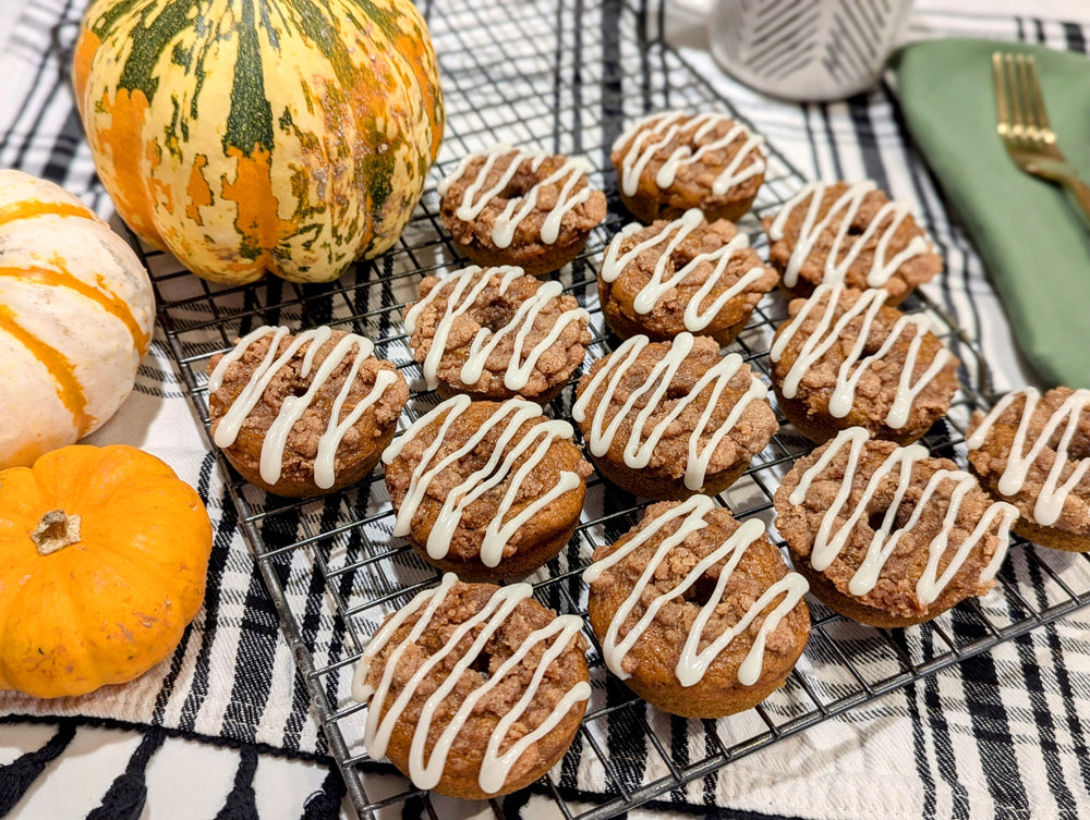 Mini Pumpkin Baked Doughnuts with Cinnamon Crumble and Cream Cheese Glaze