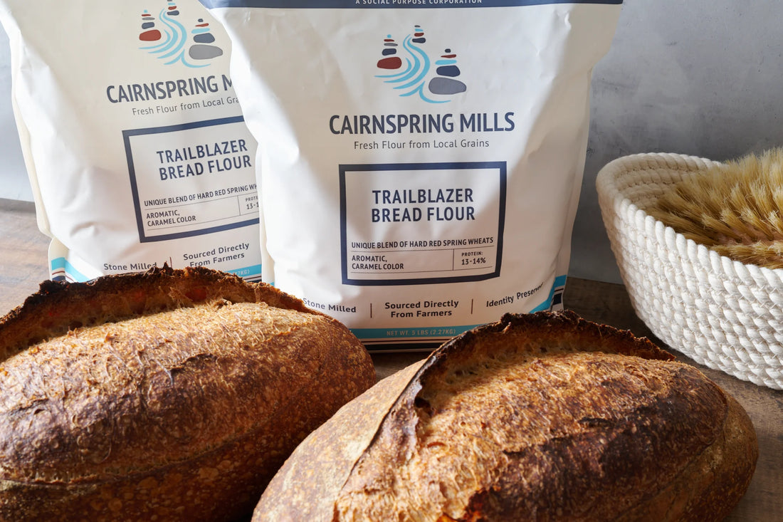 Two loaves of bread with Cairnspring Mills Trailblazer Bread Flour bags in the background.